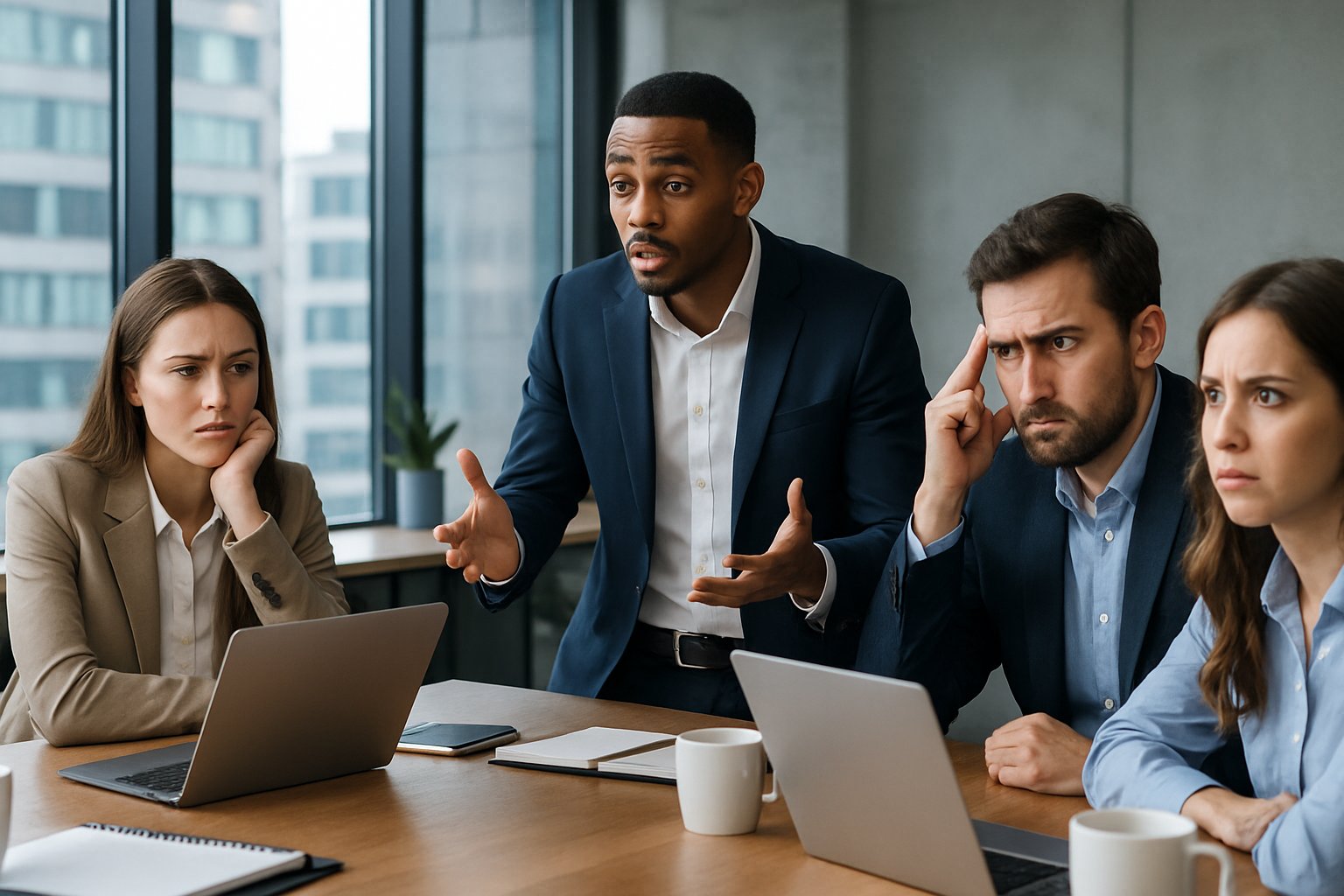 A group of people in a business meeting showing mixed emotions during a serious discussion in an office.