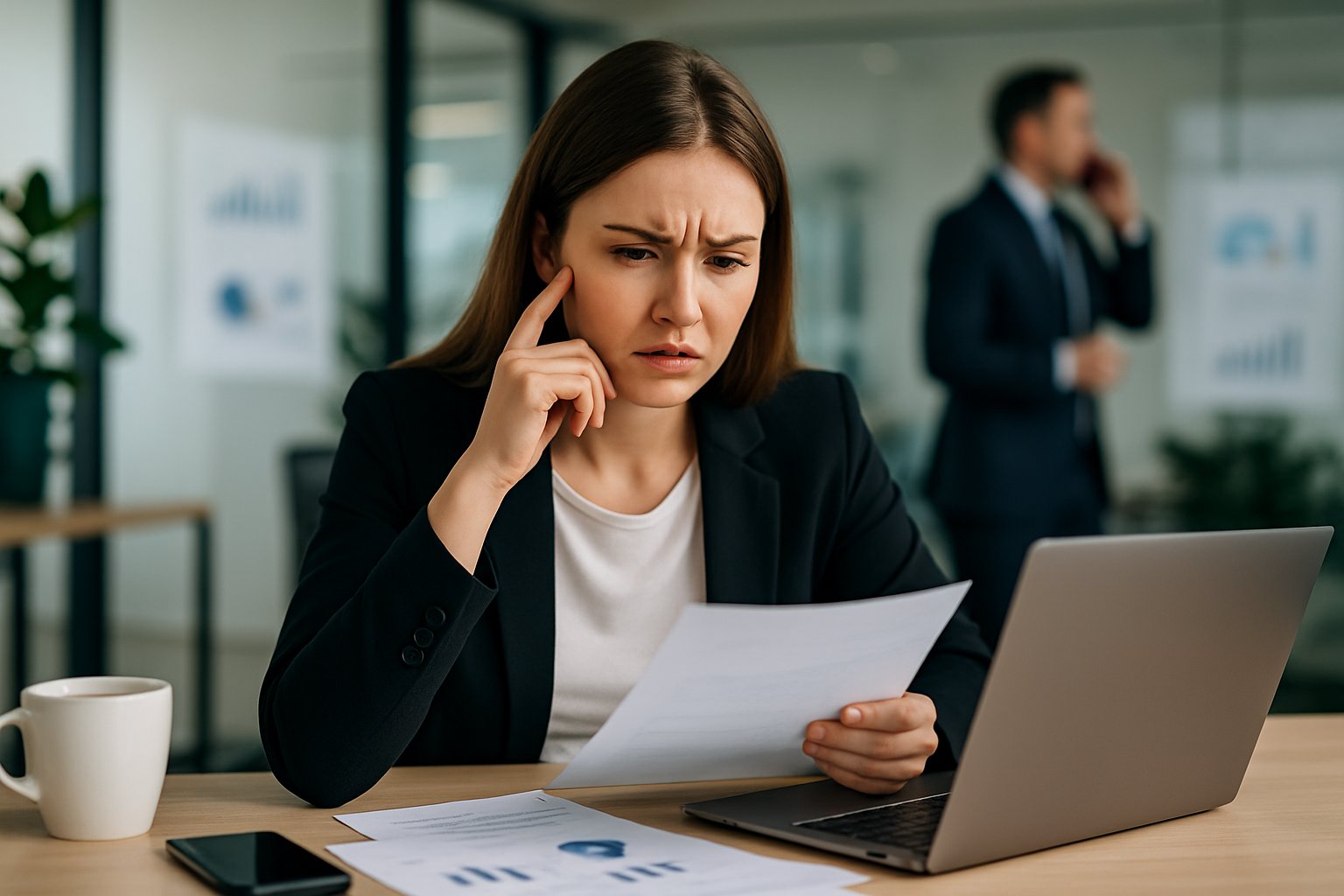 A young woman at an office desk looking concerned while reviewing documents and a laptop, with a man talking on the phone in the background.