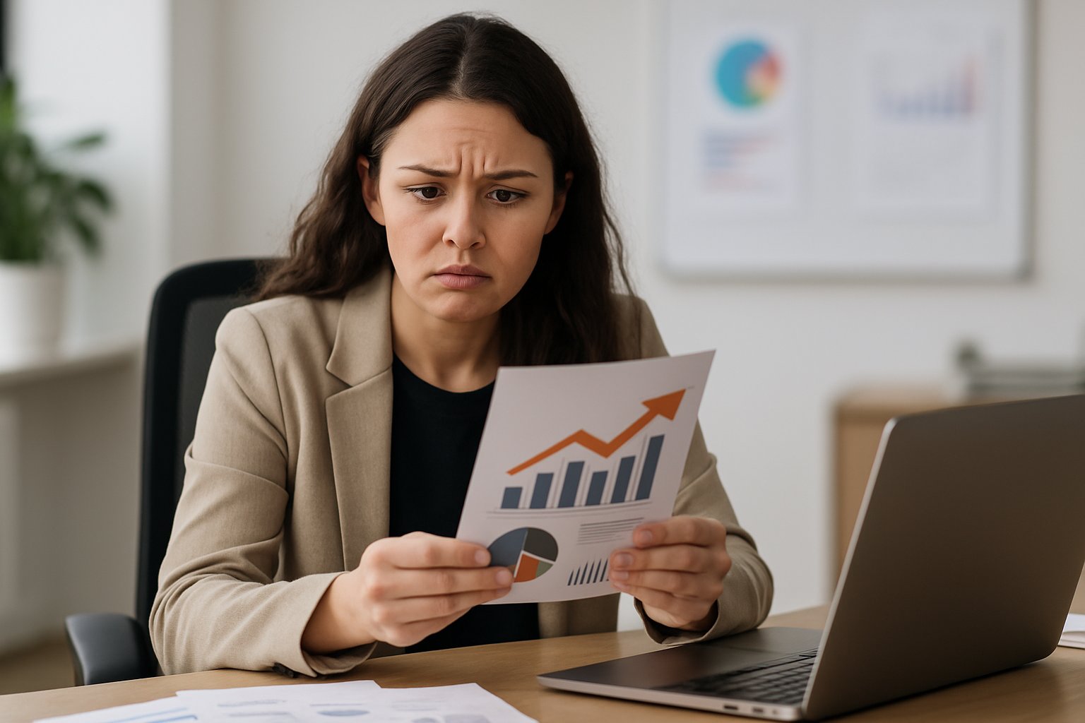A young woman sitting at an office desk looking concerned while holding a brochure, with a laptop and papers on the desk.