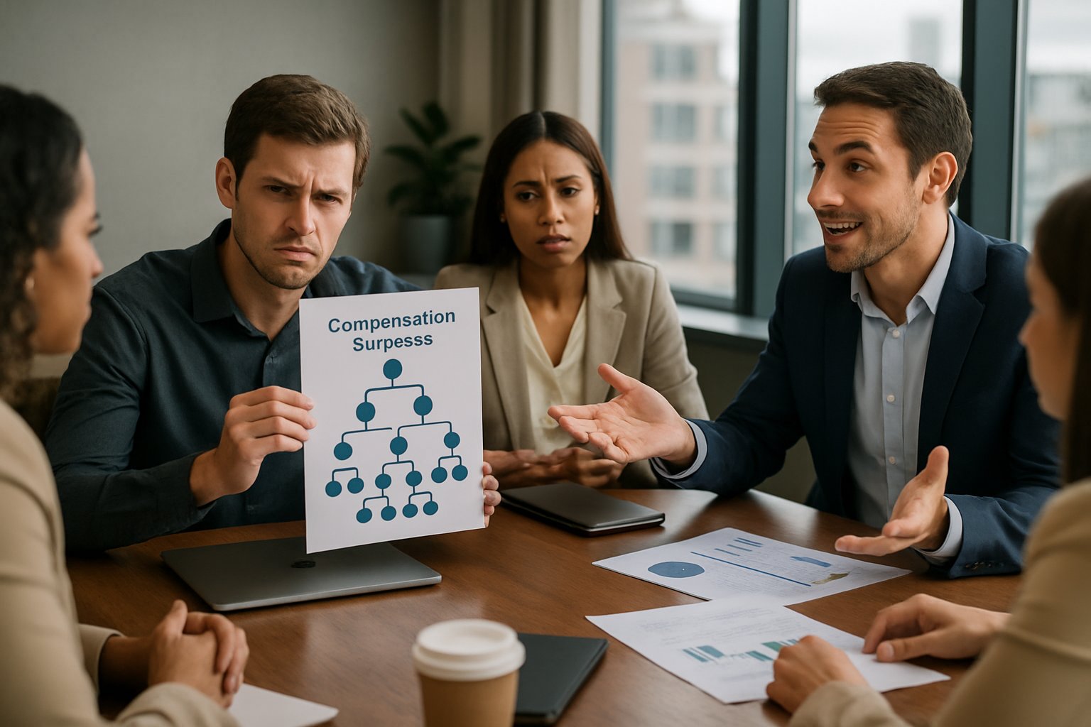 A group of young professionals in a meeting room discussing a compensation chart, with one person looking skeptical and another explaining, in a modern office.